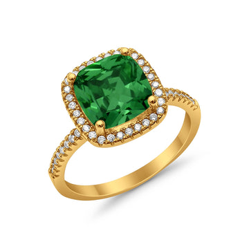 Halo Cushion Engagement Ring Yellow Tone, Simulated Green Emerald CZ 925 Sterling Silver